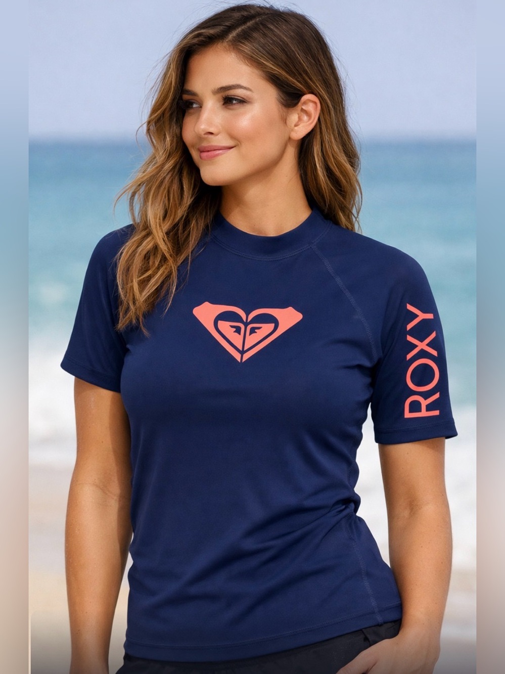 Roxy Girls Rash Guard Swim Shirt Navy Coral Pink Long Sleeve Youth XL 14